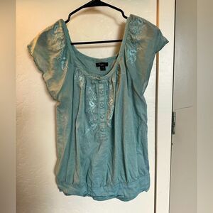 Lightweight Green Blue Short Sleeve Embroidered 1/2 Button Front Blouse